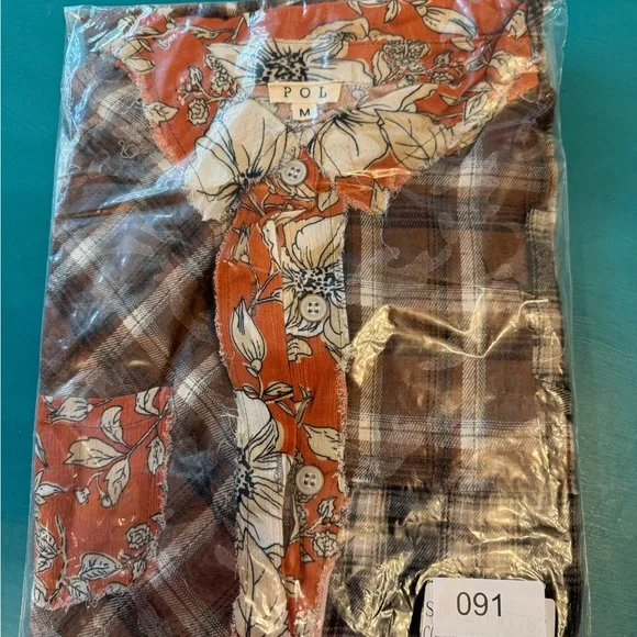 POL Floral Plaid Women's Button Down - Brown and Orange - Picture 5 of 6